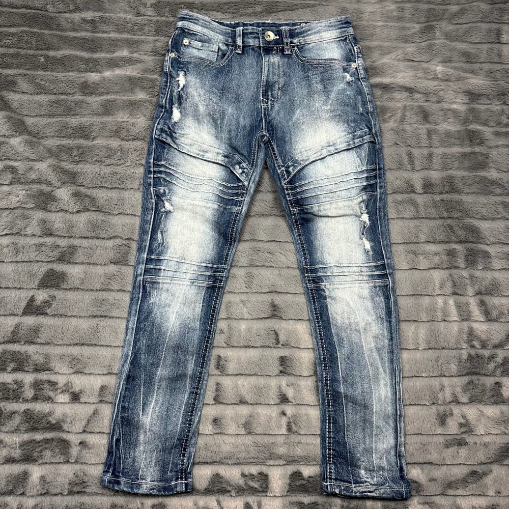 Southpole Skinny Moto Distressed Blue Jeans Size 12 Ribbed Panel Streetwear